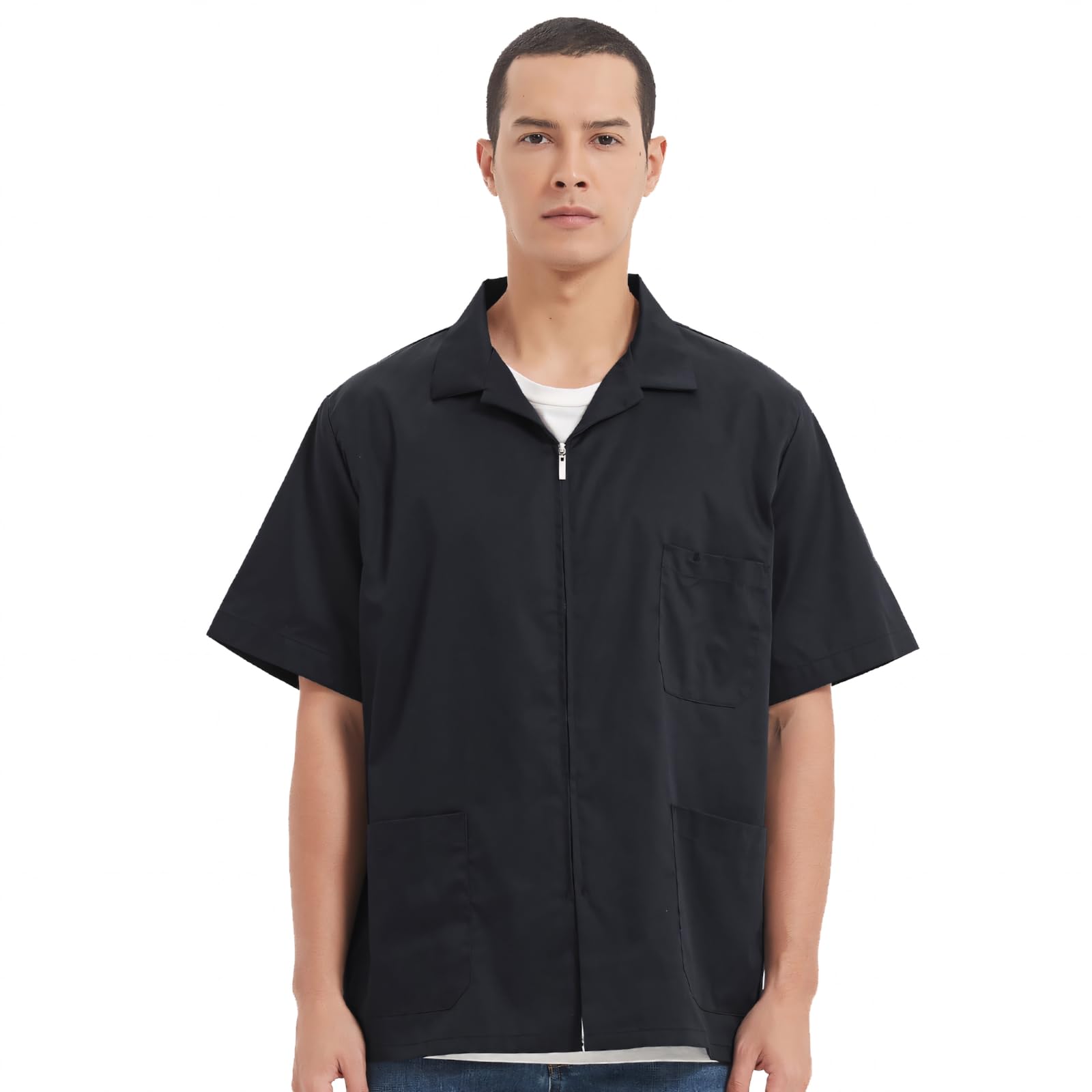 TopTie Men's Zip Front Smock Short-Sleeve Zippered Work Shirt